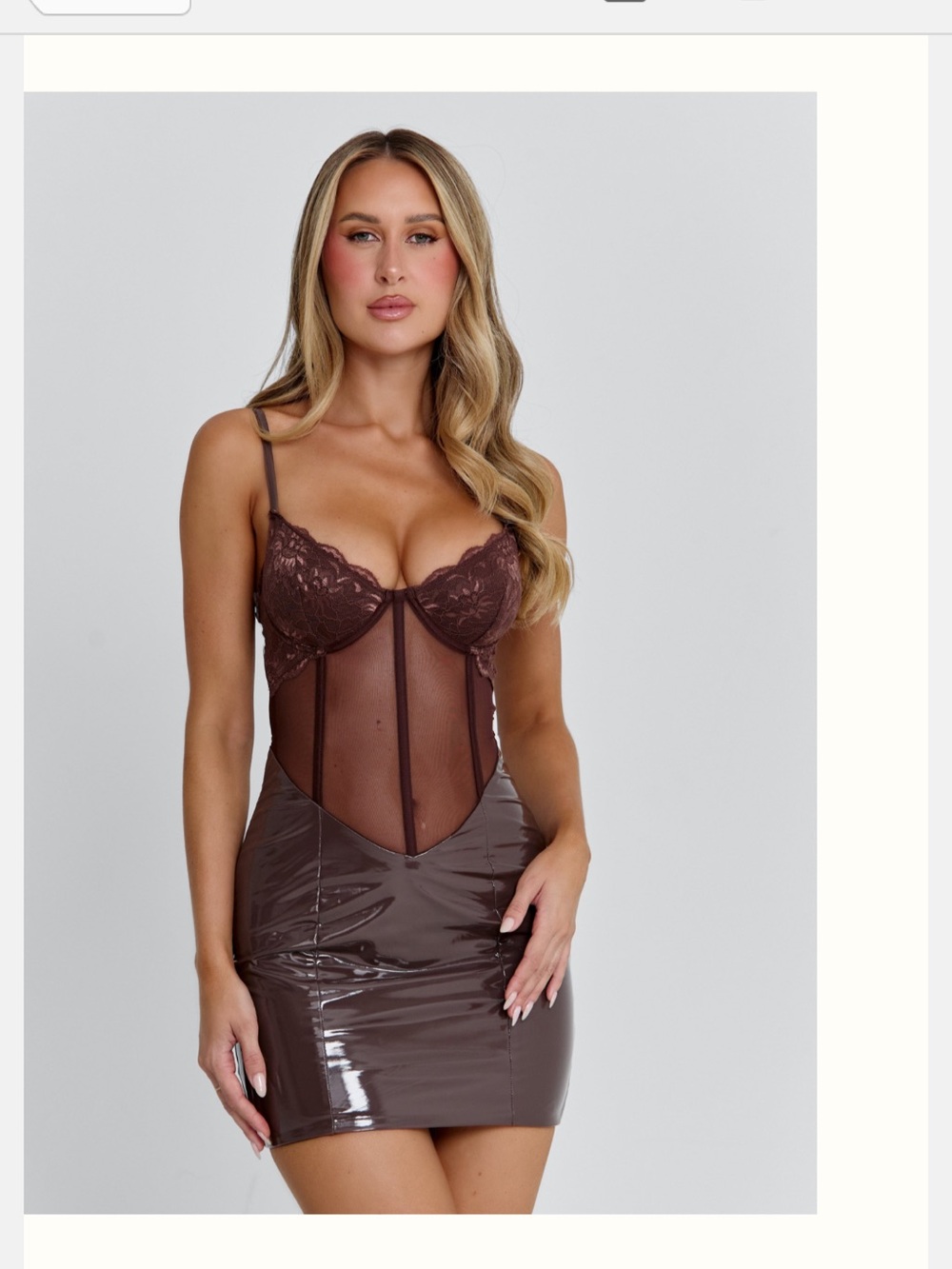 Lace Mesh Vinyl Bodycon Dress in Chocolate Brown
